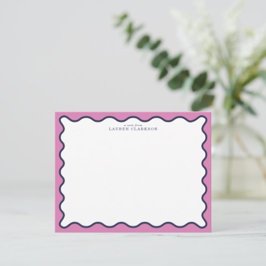 vivid Pink & Navy Wavy Border Note Card Kaart (Staand voorkant)