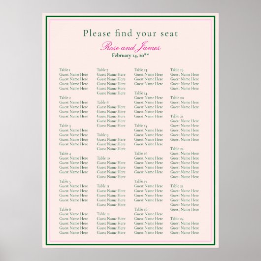 Vivid Pink Wedding Seating Chart Poster (Voorkant)