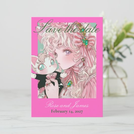 Vivid Pink Y2K Anime Gothic Cat Save the Date (Staand voorkant)