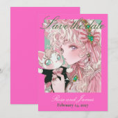 Vivid Pink Y2K Anime Gothic Cat Save the Date (Voorkant / Achterkant)