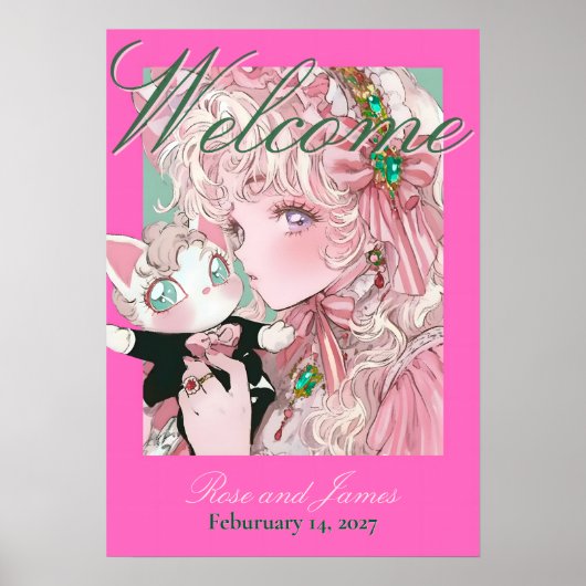 Vivid Pink Y2K Anime Gothic Cat Wedding Poster (Voorkant)