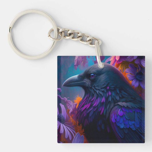 Vivid Rainbow Raven Art Sleutelhanger (Voorkant)