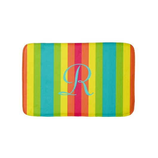 Vivid Rainbow Striped Aqua Monogrammed Plush Badmat (Voorkant)