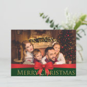 Vivid Red Bow Golden Merry Kerstfoto Feestdagenkaart (Staand voorkant)