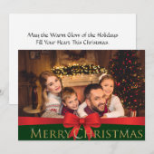 Vivid Red Bow Golden Merry Kerstfoto Feestdagenkaart (Voorkant / Achterkant)