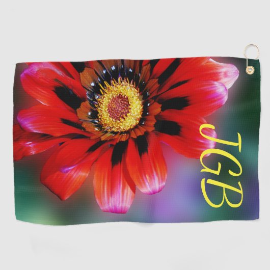 Vivid Red Flower Gazania Monogrammen Golfhanddoek (Horizontaal)