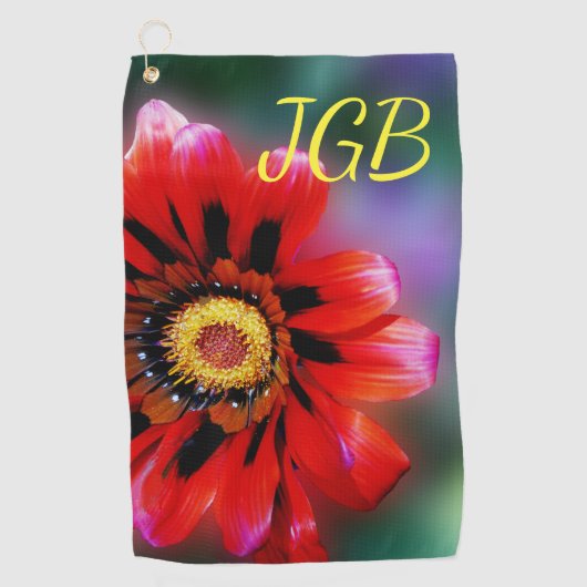 Vivid Red Flower Gazania Monogrammen Golfhanddoek (Voorkant)