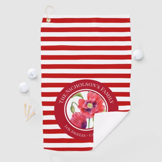Vivid Red Poppies Floral Circle White Stripes Kitc Golfhanddoek (Insitu)