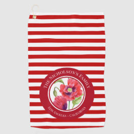 Vivid Red Poppies Floral Circle White Stripes Kitc Golfhanddoek