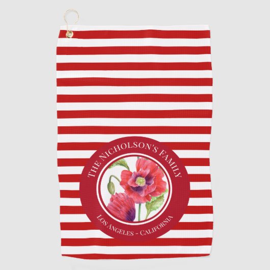 Vivid Red Poppies Floral Circle White Stripes Kitc Golfhanddoek (Voorkant)