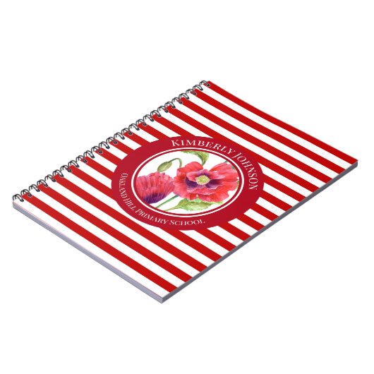 Vivid Red Poppies Floral Circle White Stripes Notitieboek (Linkerzijde)