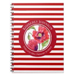 Vivid Red Poppies Floral Circle White Stripes Notitieboek