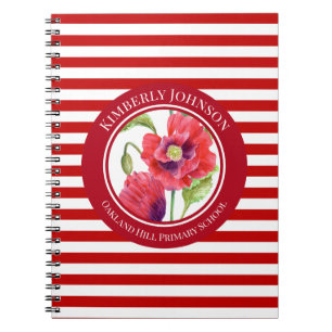 Vivid Red Poppies Floral Circle White Stripes Notitieboek