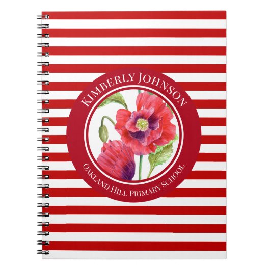 Vivid Red Poppies Floral Circle White Stripes Notitieboek (Voorkant)