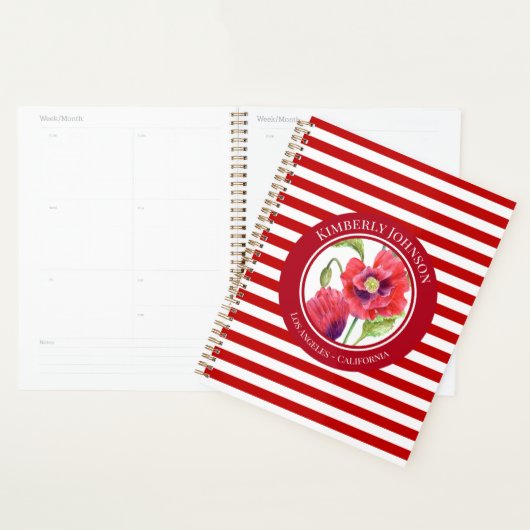 Vivid Red Poppies Floral Circle White Stripes Planner (Display)