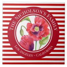 Vivid Red Poppies Floral Circle White Stripes