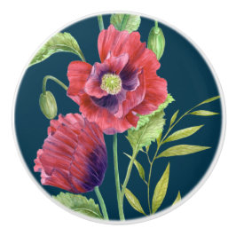 Vivid Red Poppies Floral Waterverf Dark Turquoise Keramische Knop