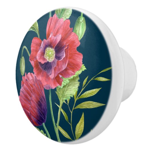 Vivid Red Poppies Floral Waterverf Dark Turquoise Keramische Knop (Rechts)