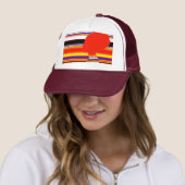 Vivid Red Profile – Pop Art Trucker Cap (In situ)