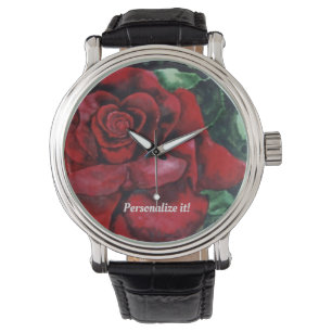 Vivid Red Rose over groene bladachtergrond Horloge