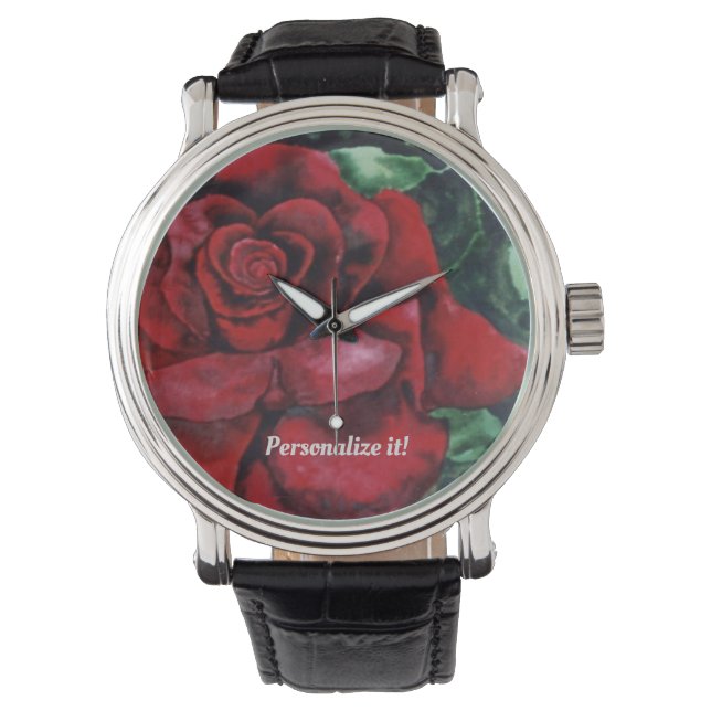 Vivid Red Rose over groene bladachtergrond Horloge (Voorkant)