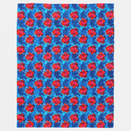 Vivid Red Roses op blauwe achtergrond Fleece Deken