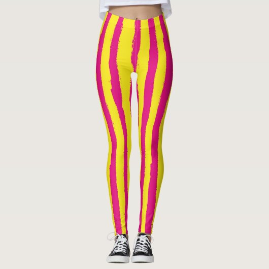 Vivid roze en gele verticale strips Leggings (Voorkant)