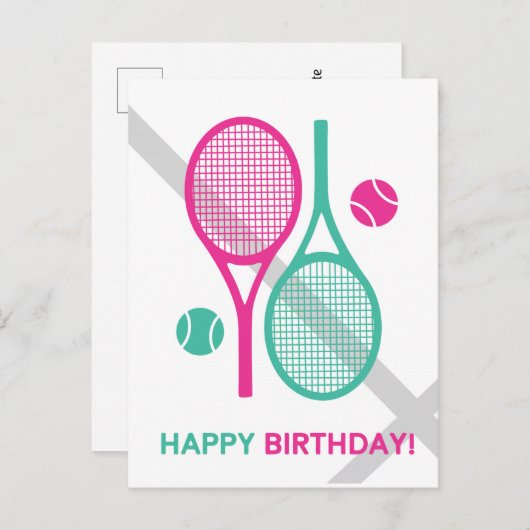 Vivid roze en munt tennisrackets Tennis Birthday Briefkaart (Voorkant / Achterkant)