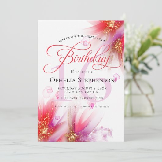 Vivid Scarlet Lila Abstract Floral Birthday Kaart (Staand voorkant)
