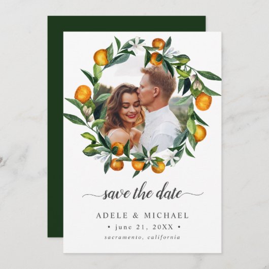 Vivid Tangerine Citrus Blossom foto slaat de datum Save The Date (Voorkant / Achterkant)