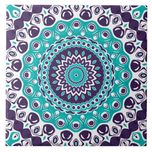 Vivid Turquoise and Plum Mandala Pattern Tegeltje (Voorkant)