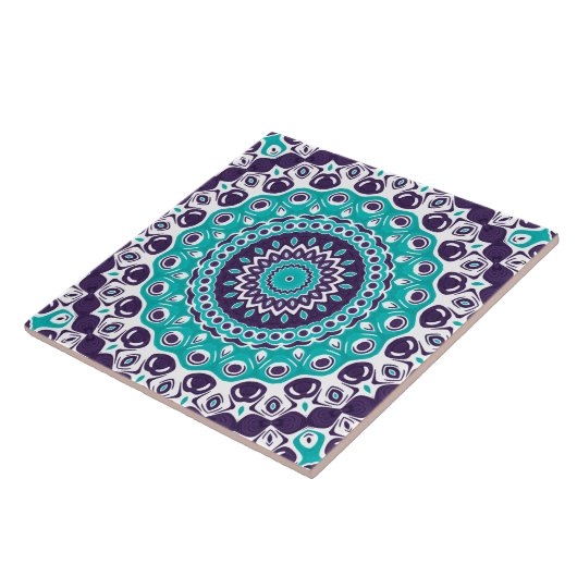 Vivid Turquoise and Plum Mandala Pattern Tegeltje (Zijkant)