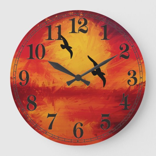 Vivid Waterverf Sunset met Birds Wall Clock Grote Klok (Voorkant)
