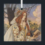 Vivien – Art Nouveau Enchantress Illustration Glas Ornament<br><div class="desc">Inspired by Arthurian legend, this Art Nouveau–style illustration depicts Vivien (Nimue), the enigmatic enchantress known for her beauty, intelligence, and magical cunning. Holding a book of spells and framed by stylized woodland forms, Vivien embodies the mysterious and seductive power of mythic storytelling. This richly detailed vintage-inspired artwork features flowing drapery,...</div>