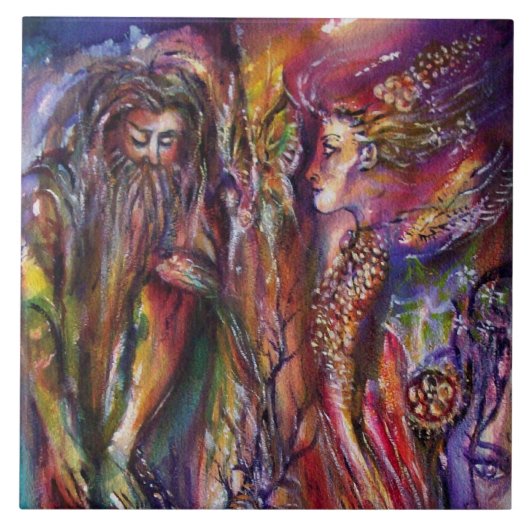 VIVIEN EN MERLIN Artrische Legende Waterverf Tegeltje (Voorkant)