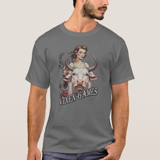Vixen Games vrouw met grote stier en hert T-shirt (Voorkant)