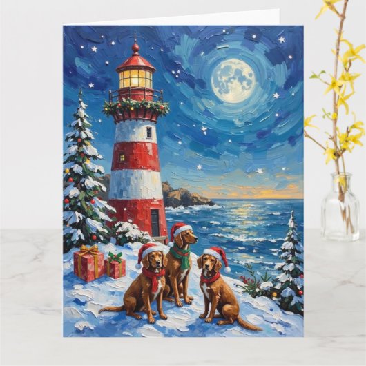 Vizsla Christmas Lighthouse Holiday Kaart (Gele Bloem)