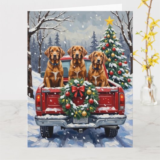 Vizsla Christmas Red Truck Holiday Kaart (Gele Bloem)