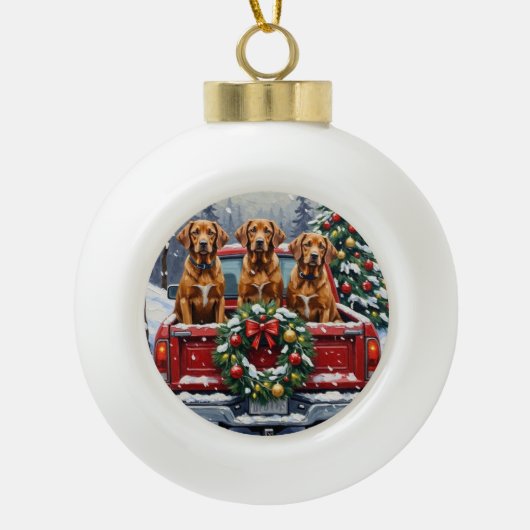 Vizsla Christmas Red Truck Holiday Keramische Bal Ornament (Voorkant)