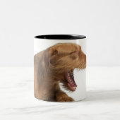 Vizsla, die voor witte achtergrond glanst tweekleurige koffiemok (Center)