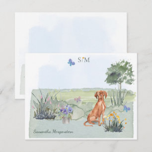 Vizsla Dog Butterfly Meadow Monogram & Naam   Notitiekaartje