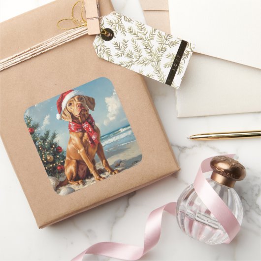 Vizsla Dog Christmas  Beach Vierkante Sticker (Geschenken)