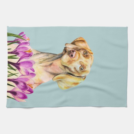 Vizsla Dog en Crocus Flower Waterverf Theedoek (Horizontaal)