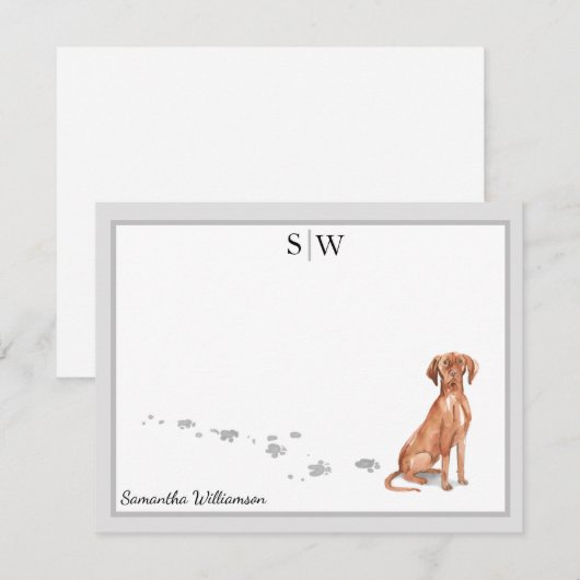 Vizsla Dog Gray Border Monogram Gepersonaliseerd Notitiekaartje (Voorkant / Achterkant)