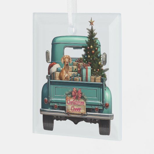 Vizsla Dog Retro Truck Kerstmis Glas Ornament (Voorkant links)