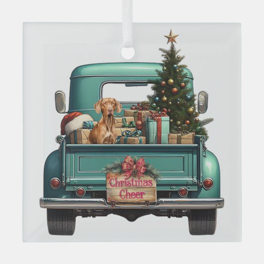 Vizsla Dog Retro Truck Kerstmis Glas Ornament (Voorkant)