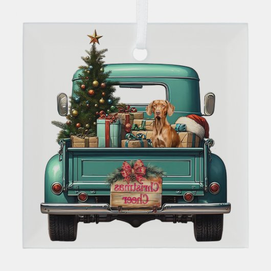 Vizsla Dog Retro Truck Kerstmis Glas Ornament (Achterkant)