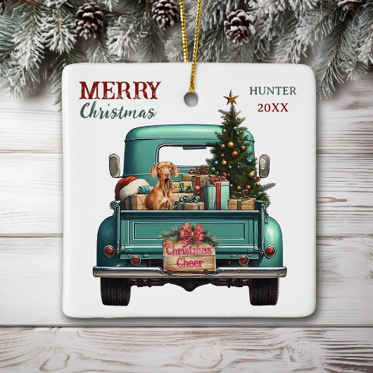 Vizsla Dog Retro Truck Kerstmis Keramisch Ornament