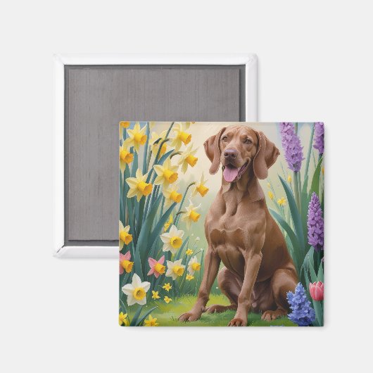 Vizsla Dog Spring Flowers Schilderij Magneet (Voorkant / Achterkant)