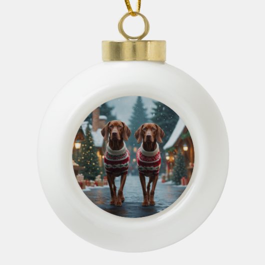 Vizsla Dogs Christmas Snow Holiday Keramische Bal Ornament (Voorkant)